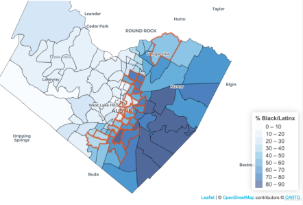 A screengrab from our Travis County data story, mapping arrests for possession of a controlled substance against demographic information