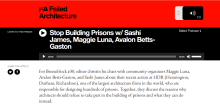 Webpage screenshot with Failed Architecture name and logo and episode title Stop Building Prisons w/ Sashi James, Maggie Luna, Avalon Betts-Gaston