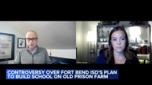 Screengrab from news video showing Jay speaking to a reporter. Text reading Controversy Over Fort Bend ISD's Plan to Build School on Old Prison Farm